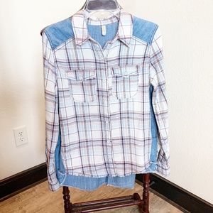 Free People Plaid Flannel & Denim Shirt   505